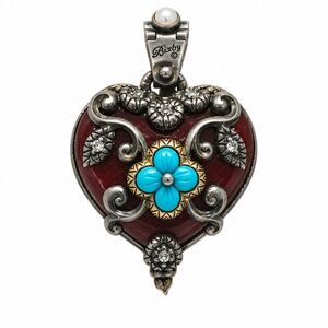 Barbara Bixby Vintage ornate heart pendant with turquoise flower, pearl accent
